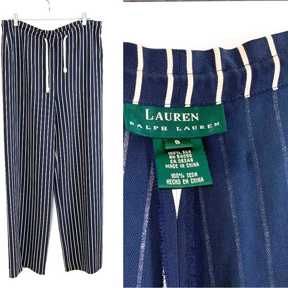 Lauren Ralph Lauren Pants - New Lauren Ralph Lauren Silk Nautical Striped Navy Drawstring Pants Size 8